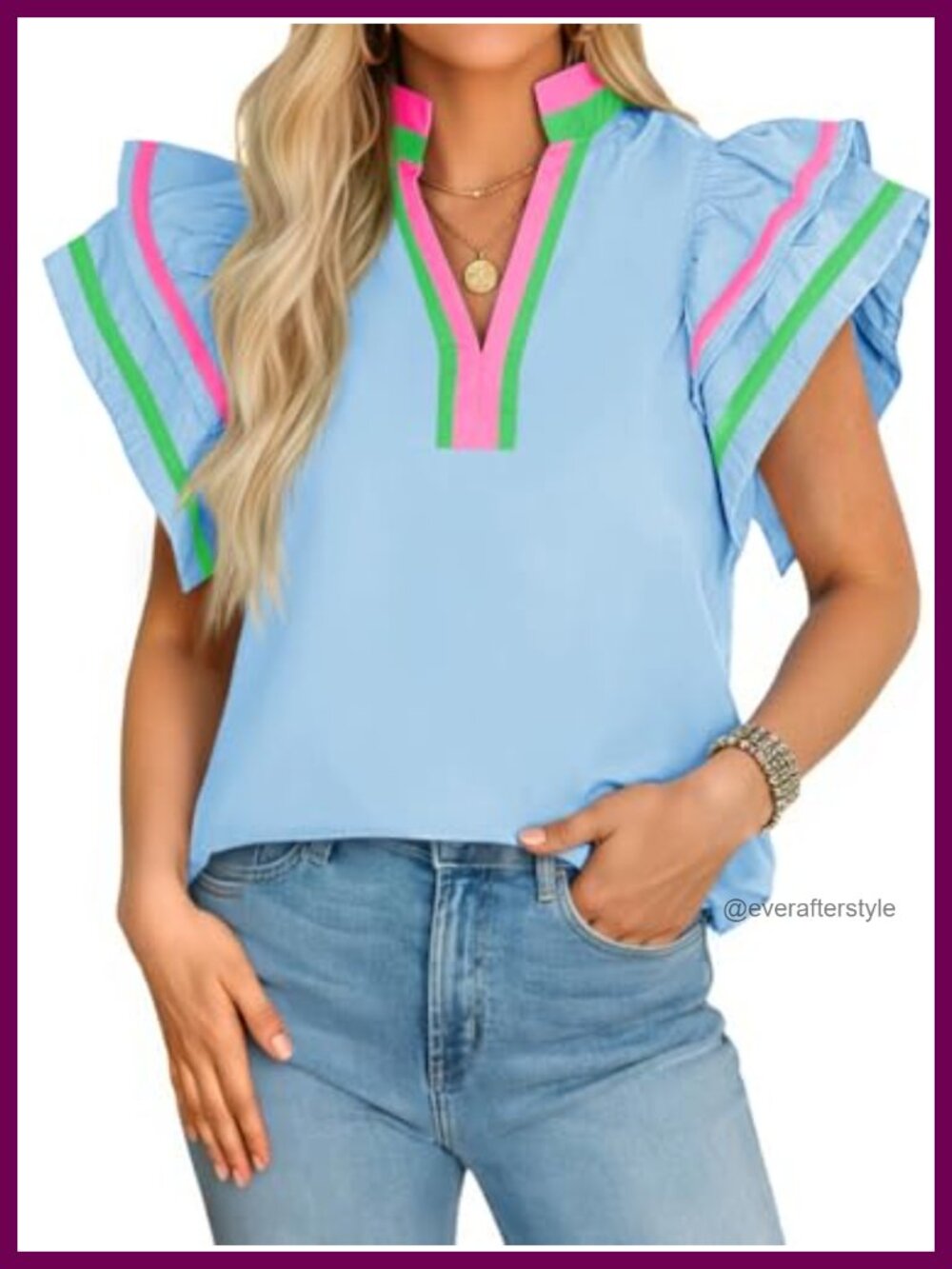 Womens 100% Cotton V Neck Ruffle Sleeve Blouse Loose Fit Casual Top